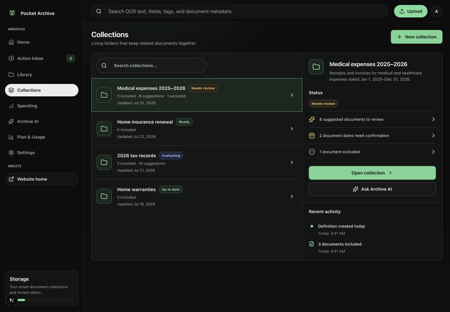 Pocket Archive Collections workspace showing included, suggested, and excluded document states with a review summary