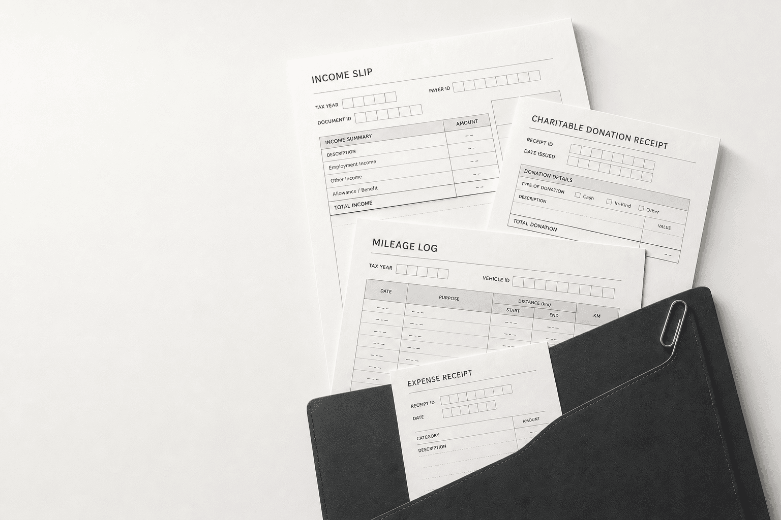 Income slips, donation receipts, mileage logs, and expense records arranged in a charcoal folder