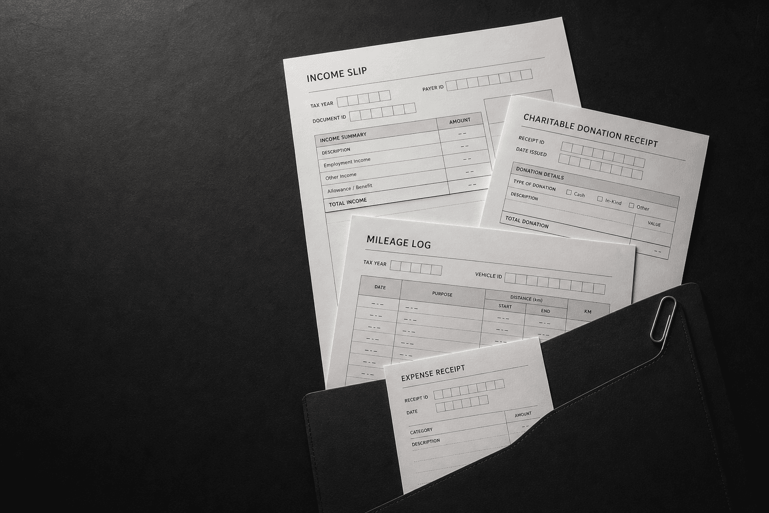 Income slips, donation receipts, mileage logs, and expense records arranged in a charcoal folder